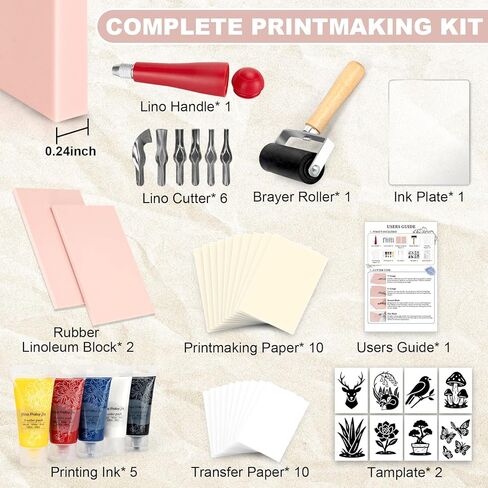 مجموعة Linocut لصناعة الطباعة، مجموعة أدوات Linocut مكونة من 39 قطعة مع 5 أحبار وقوالب ملونة، مجموعة أدوات صناعة الطباعة الفنية ومستلزمات الحرف اليدوية للمبتدئين in Kuwait