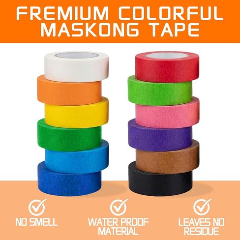 12 لفة شريط لاصق ملون للرسامين للفنون والحرف اليدوية ووضع العلامات على اللوحات البيضاء الممتعة للفصول الدراسية وإدارة الكابلات جيدة للمشروعات الإبداعية 2/3 بوصة × 13 ياردة in Kuwait