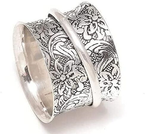 Anxiety Relief Silver Plated Spinner Ring Fidget Hammered Single Band Oxidized Concave Boho Band Meditation Ring Floral Pattern Handmade Brass Ring Stress Relief Wedding Gift Ring For Men & Women in Saudi Arabia