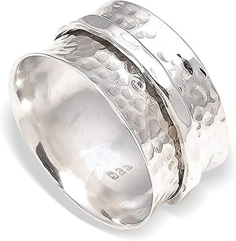 Anxiety Relief Silver Plated Spinner Ring Fidget Hammered Single Band Oxidized Concave Boho Band Meditation Ring Floral Pattern Handmade Brass Ring Stress Relief Wedding Gift Ring For Men & Women in Saudi Arabia