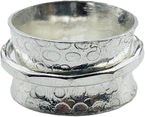 Anxiety Relief Silver Plated Spinner Ring Fidget Hammered Single Band Oxidized Concave Boho Band Meditation Ring Floral Pattern Handmade Brass Ring Stress Relief Wedding Gift Ring For Men & Women in Saudi Arabia
