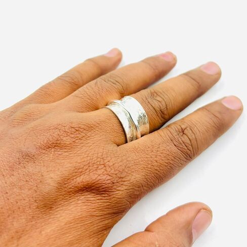 Anxiety Relief Silver Plated Spinner Ring Fidget Hammered Single Band Oxidized Concave Boho Band Meditation Ring Floral Pattern Handmade Brass Ring Stress Relief Wedding Gift Ring For Men & Women in Saudi Arabia
