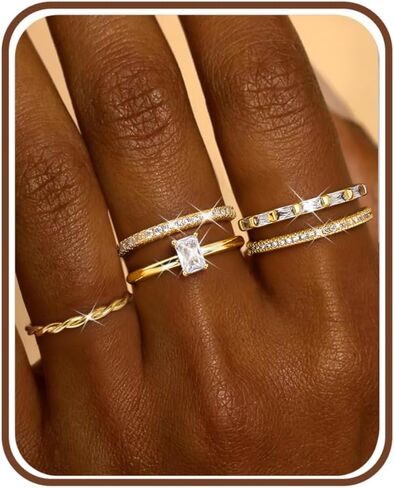 FUNRUN JEWELRY 14K Gold Plated Rings Thin Stackable Rings for Women Non Tarnish Trendy Knuckle Pinky Thumb Ring Set Dainty Cubic Zirconia Wedding Band Statement Engagement Ring Stack Size 5-10 5PCS in Kuwait