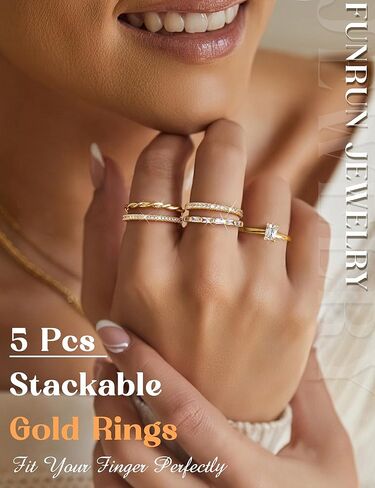 FUNRUN JEWELRY 14K Gold Plated Rings Thin Stackable Rings for Women Non Tarnish Trendy Knuckle Pinky Thumb Ring Set Dainty Cubic Zirconia Wedding Band Statement Engagement Ring Stack Size 5-10 5PCS in Kuwait