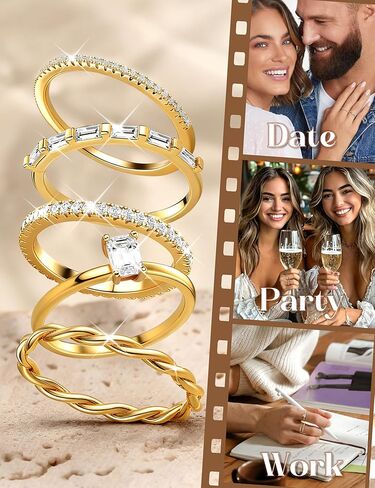 FUNRUN JEWELRY 14K Gold Plated Rings Thin Stackable Rings for Women Non Tarnish Trendy Knuckle Pinky Thumb Ring Set Dainty Cubic Zirconia Wedding Band Statement Engagement Ring Stack Size 5-10 5PCS in Kuwait