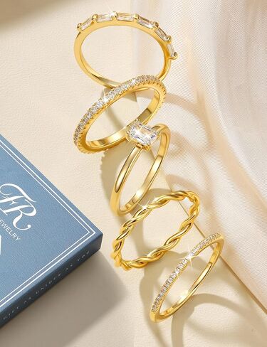 FUNRUN JEWELRY 14K Gold Plated Rings Thin Stackable Rings for Women Non Tarnish Trendy Knuckle Pinky Thumb Ring Set Dainty Cubic Zirconia Wedding Band Statement Engagement Ring Stack Size 5-10 5PCS in Kuwait