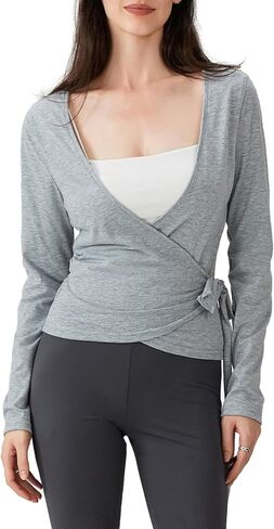 Women’s Ballet Wrap Top Long Sleeve Pilates Yoga Crop Tops Stylish Workout Cover Up Clothes Dance Shirt Activewear in Kuwait