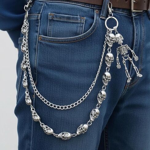 سلسلة محفظة على شكل جمجمة للرجال والنساء، سلسلة سراويل مزدوجة الطبقات الشريرة/القوطية، سلسلة مفاتيح معدنية شديدة التحمل، إكسسوار على طراز الشارع/راكب الدراجة النارية in Kuwait