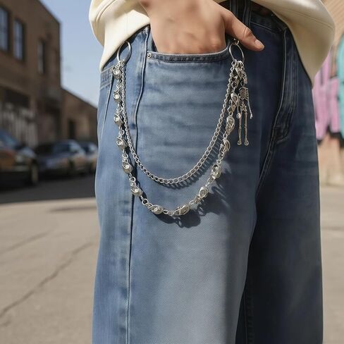 سلسلة محفظة على شكل جمجمة للرجال والنساء، سلسلة سراويل مزدوجة الطبقات الشريرة/القوطية، سلسلة مفاتيح معدنية شديدة التحمل، إكسسوار على طراز الشارع/راكب الدراجة النارية in Kuwait