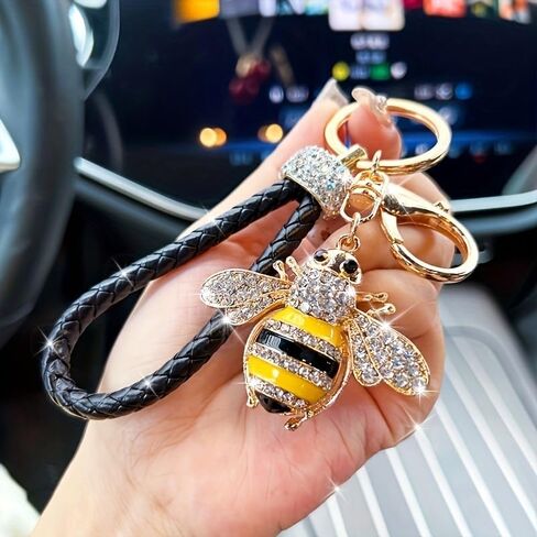 Sparkling Bee Keychain with Black Braided PU Leather Wrist Strap - Bee Key Accessory Suitable for Car Keys in Saudi Arabia