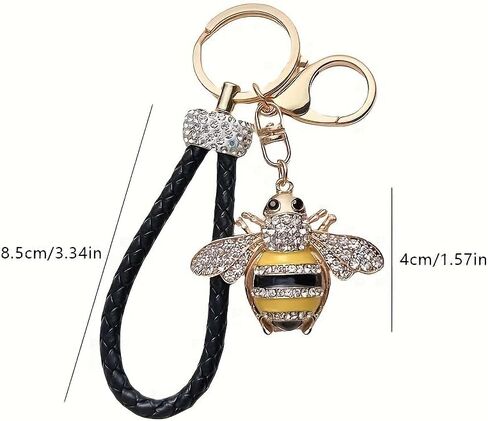 Sparkling Bee Keychain with Black Braided PU Leather Wrist Strap - Bee Key Accessory Suitable for Car Keys in Saudi Arabia