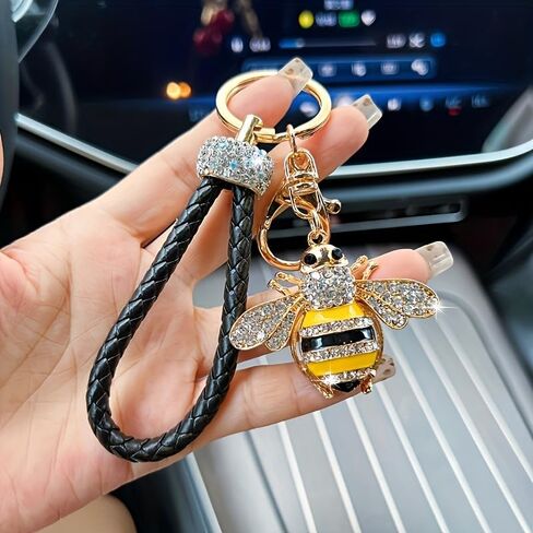 Sparkling Bee Keychain with Black Braided PU Leather Wrist Strap - Bee Key Accessory Suitable for Car Keys in Saudi Arabia