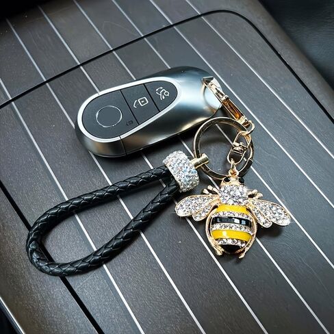 Sparkling Bee Keychain with Black Braided PU Leather Wrist Strap - Bee Key Accessory Suitable for Car Keys in Saudi Arabia