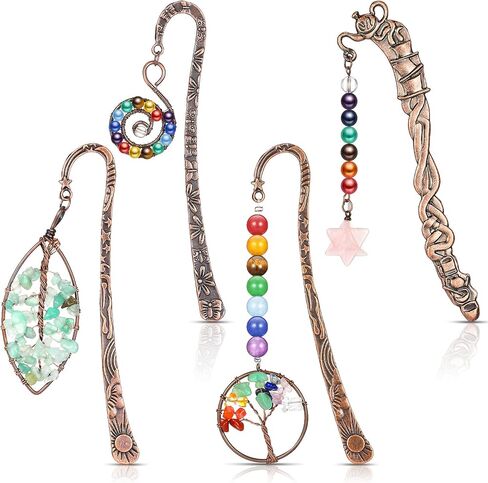 4 Pcs 7 Chakra Crystal Bookmark Antique Copper Metal Beading Healing Stone Vintage Bookmarks Tumbled Gemstones Book Markers for Student Office Birthday Present(Retro Style) in Saudi Arabia