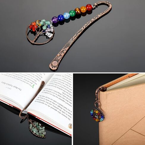 4 Pcs 7 Chakra Crystal Bookmark Antique Copper Metal Beading Healing Stone Vintage Bookmarks Tumbled Gemstones Book Markers for Student Office Birthday Present(Retro Style) in Saudi Arabia