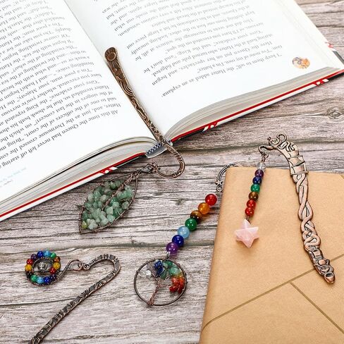 4 Pcs 7 Chakra Crystal Bookmark Antique Copper Metal Beading Healing Stone Vintage Bookmarks Tumbled Gemstones Book Markers for Student Office Birthday Present(Retro Style) in Saudi Arabia