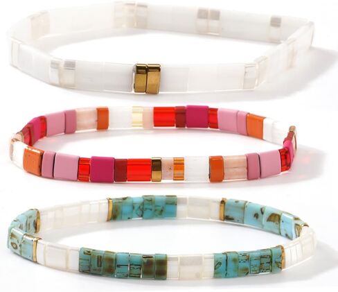 Tila Flat Square Boho 3Pcs Stack Beaded Bracelets Set for Women Men, Romantic Handmade Colorful Stretch Accessories Purple Jewelry, Daily Party Holiday Friendship Gift in Saudi Arabia