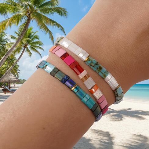 Tila Flat Square Boho 3Pcs Stack Beaded Bracelets Set for Women Men, Romantic Handmade Colorful Stretch Accessories Purple Jewelry, Daily Party Holiday Friendship Gift in Saudi Arabia