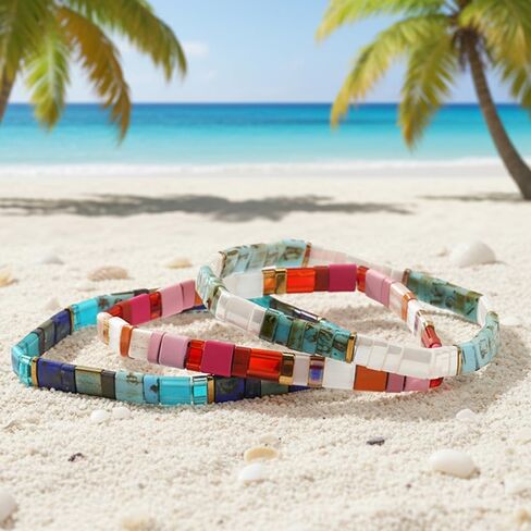 Tila Flat Square Boho 3Pcs Stack Beaded Bracelets Set for Women Men, Romantic Handmade Colorful Stretch Accessories Purple Jewelry, Daily Party Holiday Friendship Gift in Saudi Arabia