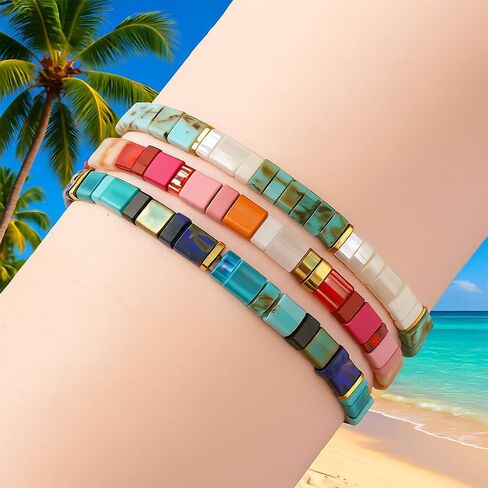 Tila Flat Square Boho 3Pcs Stack Beaded Bracelets Set for Women Men, Romantic Handmade Colorful Stretch Accessories Purple Jewelry, Daily Party Holiday Friendship Gift in Saudi Arabia