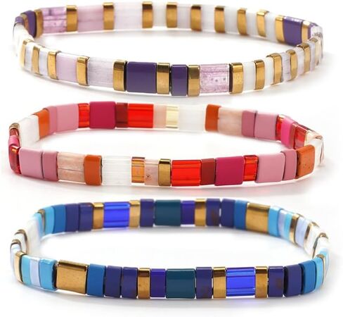 Tila Flat Square Boho 3Pcs Stack Beaded Bracelets Set for Women Men, Romantic Handmade Colorful Stretch Accessories Purple Jewelry, Daily Party Holiday Friendship Gift in Saudi Arabia