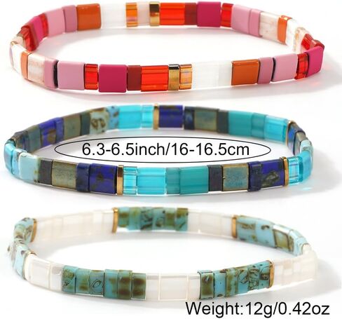Tila Flat Square Boho 3Pcs Stack Beaded Bracelets Set for Women Men, Romantic Handmade Colorful Stretch Accessories Purple Jewelry, Daily Party Holiday Friendship Gift in Saudi Arabia
