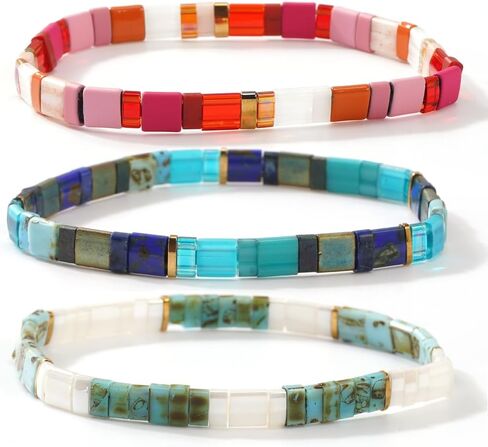 Tila Flat Square Boho 3Pcs Stack Beaded Bracelets Set for Women Men, Romantic Handmade Colorful Stretch Accessories Purple Jewelry, Daily Party Holiday Friendship Gift in Saudi Arabia