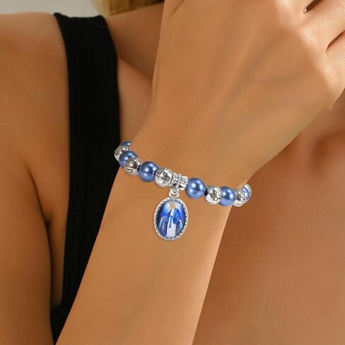 1 قطعة سوار مسبحة أزرق مع ميدالية معجزة وصليب مجوهرات معصم أنيقة متينة لعيد الحب وعيد الميلاد سوار مجوهرات للنساء in Kuwait