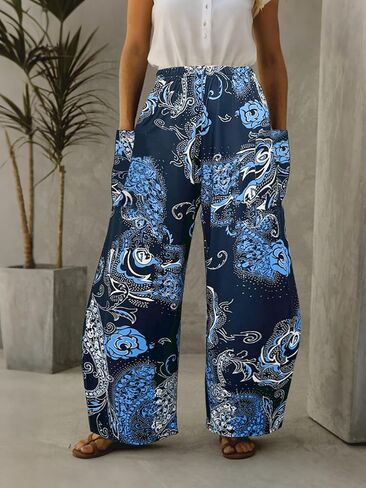 Women's Wide Leg Pants with Pockets - Elastic Mid Waist Loose Casual Pants for Beach Vacation in Saudi Arabia