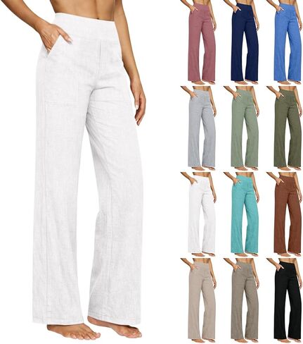 Summer Linen Pants for Women Wide Leg Elastic Waist Casual Beach Vacation Lounge Pant Dressy Flowy Plus Size Trouser in Kuwait