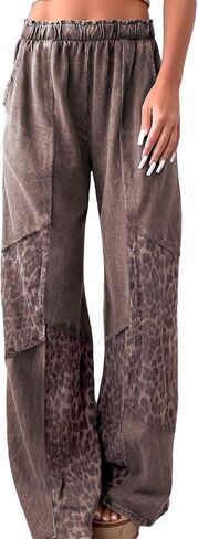 بنطال نسائي واسع الساق مرقع بطبعة الفهد، بنطال معدني مرن عالي الخصر، بنطال فضفاض غير رسمي مع جيوب in Kuwait