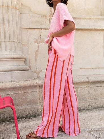 Women's Striped Wide-Leg Pants - Casual Vacation Style, Loose Comfort Fit, Elastic Waistband with Drawstring in Saudi Arabia
