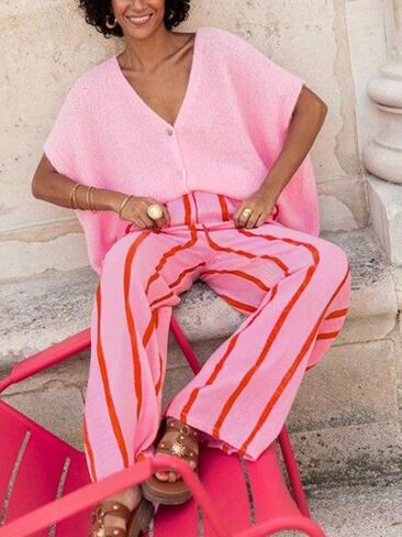Women's Striped Wide-Leg Pants - Casual Vacation Style, Loose Comfort Fit, Elastic Waistband with Drawstring in Saudi Arabia
