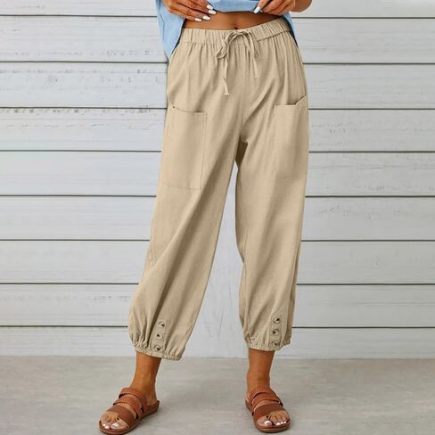 Women's Linen Blend Jogger Pants, Drawstring Elastic Waist with Side Pockets for Casual Comfort in Saudi Arabia