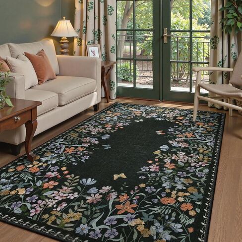 Lahome Boho Floral 2'6"x8 Black Washable Hallway Kitchen Runner Rug, Non Skid Bathroom Carpet Runner, Soft Non-Slip Rug Runners for Entryway Laundry Bedroom(2'6"x8ft,Black) in Saudi Arabia