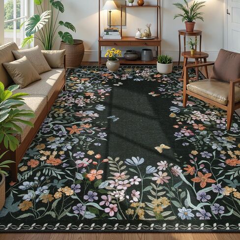 Lahome Boho Floral 2'6"x8 Black Washable Hallway Kitchen Runner Rug, Non Skid Bathroom Carpet Runner, Soft Non-Slip Rug Runners for Entryway Laundry Bedroom(2'6"x8ft,Black) in Saudi Arabia