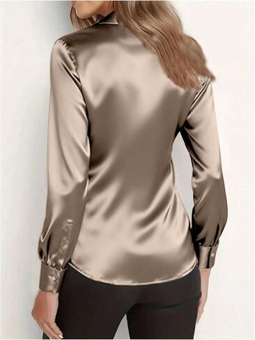 GORGLITTER Women's Satin Mandarin Collar Shirt Button Down Long Sleeve Blouse Business Casual Shirts Top in Saudi Arabia