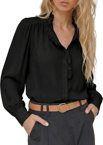 Astylish Women's 2026 Ruffle Collar Long Puff Sleeve Chiffon Blouse Button Down Shirt Loose Fit Spring Summer Tops in Saudi Arabia