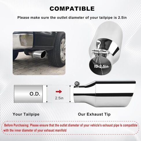 Mupera Universal 2.5 Inch Inlet Exhaust Tip, 4" Outlet, 9" Long Silver Professional Tail Pipe Exhaust Tip with Bolt On, for all 2.5 Inch Outside Diameter Exhaust Tips in Kuwait