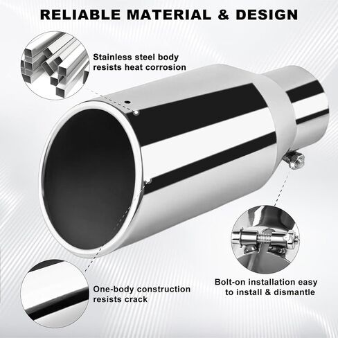 Mupera Universal 2.5 Inch Inlet Exhaust Tip, 4" Outlet, 9" Long Silver Professional Tail Pipe Exhaust Tip with Bolt On, for all 2.5 Inch Outside Diameter Exhaust Tips in Kuwait