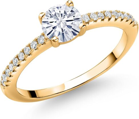 Gem Stone King 18K Yellow Gold Plated Silver Build your Own Personalized 5mm Round Cut Gemstone Birthstone and White Lab Grown Diamond Engagement Wedding Anniversary Ring For Women in Saudi Arabia