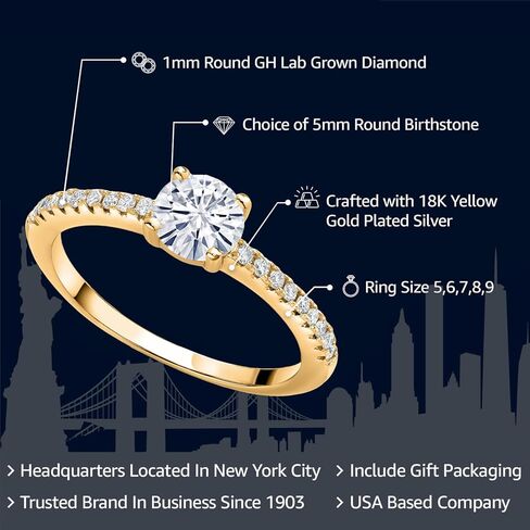 Gem Stone King 18K Yellow Gold Plated Silver Build your Own Personalized 5mm Round Cut Gemstone Birthstone and White Lab Grown Diamond Engagement Wedding Anniversary Ring For Women in Saudi Arabia