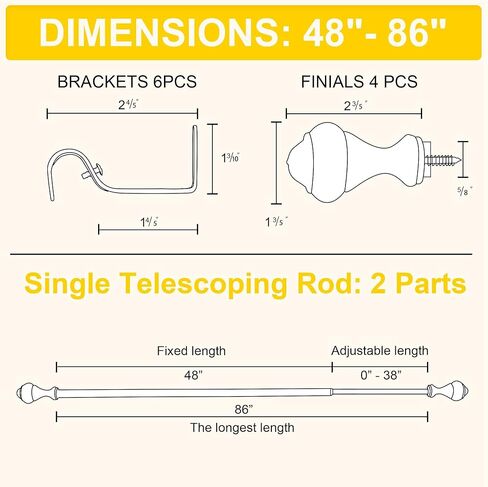 NICETOWN Adjustable Curtain Rods 2-Pack 48-86 Inch, Matte Black Copper Rods with Decorative Finials for Windows, Heavy Duty Window Drapery Poles for Indoor Outdoor Patio Bedroom in Saudi Arabia