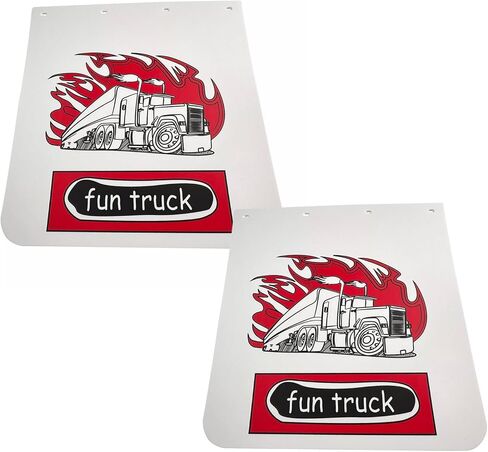 Pair White Fun Truck Pattern Semi Truck Straight Splash Guard 24" x 24" Heavy Duty Polymer Mud Flaps in Kuwait