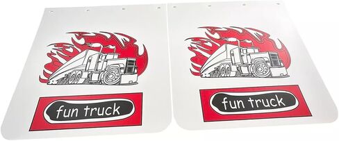 Pair White Fun Truck Pattern Semi Truck Straight Splash Guard 24" x 24" Heavy Duty Polymer Mud Flaps in Kuwait