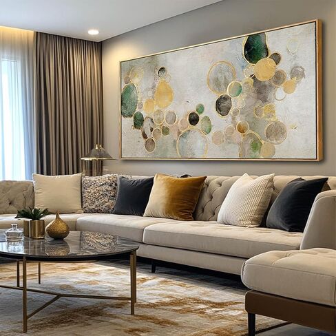 Abstract Canvas Wall Art Gold Circle Painting Green Artwork Framed Wall Prints 29"x 58" Office Wall Decor Colorful Pictures for Living Room Bedroom in Saudi Arabia
