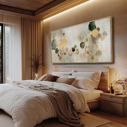 Abstract Canvas Wall Art Gold Circle Painting Green Artwork Framed Wall Prints 29"x 58" Office Wall Decor Colorful Pictures for Living Room Bedroom in Saudi Arabia