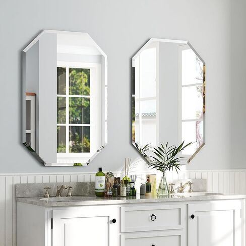 Chende 2 Packs Octagonal Bathroom Mirror with Beveled Edge, 18" x 36" Modern Frameless Vanity Mirror for Bedroom, Entryways, Washrooms, Living Rooms, Horizontal/Vertical Hanging in Kuwait