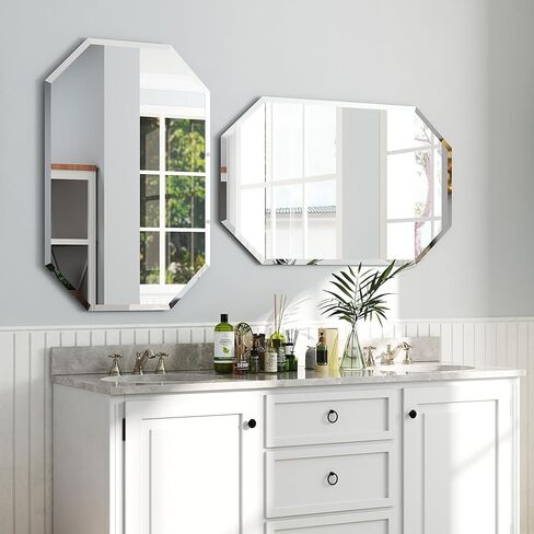 Chende 2 Packs Octagonal Bathroom Mirror with Beveled Edge, 18" x 36" Modern Frameless Vanity Mirror for Bedroom, Entryways, Washrooms, Living Rooms, Horizontal/Vertical Hanging in Kuwait