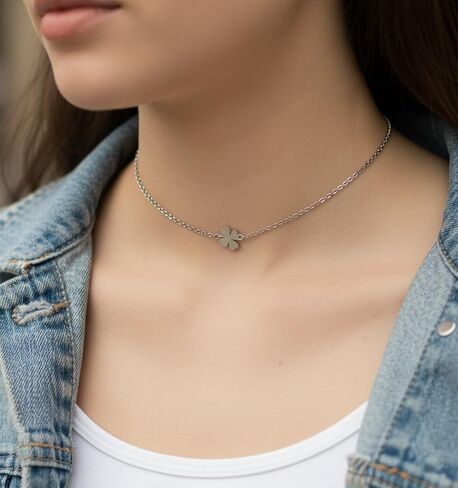 EnCharmed Stainless Steel Shamrock Dainty Choker, Handmade Minimal Layering Adjustable Necklace 14-16 Inches, Lucky Four Leaf Clover in Saudi Arabia